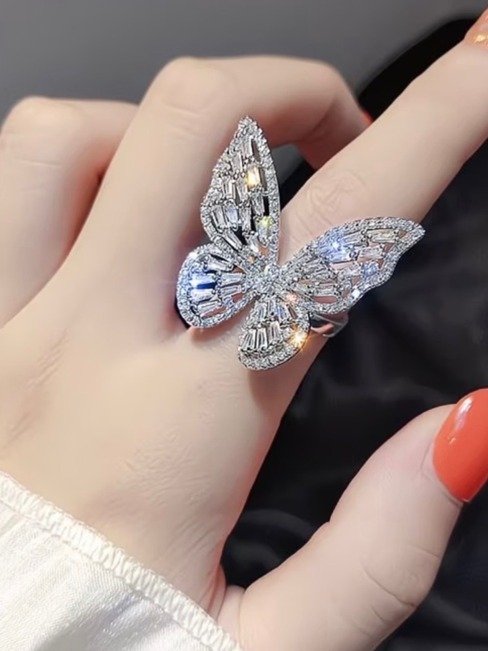 White Gold Plated Crystal Butterfly Adjustable Cocktail Ring - Women Jewelry